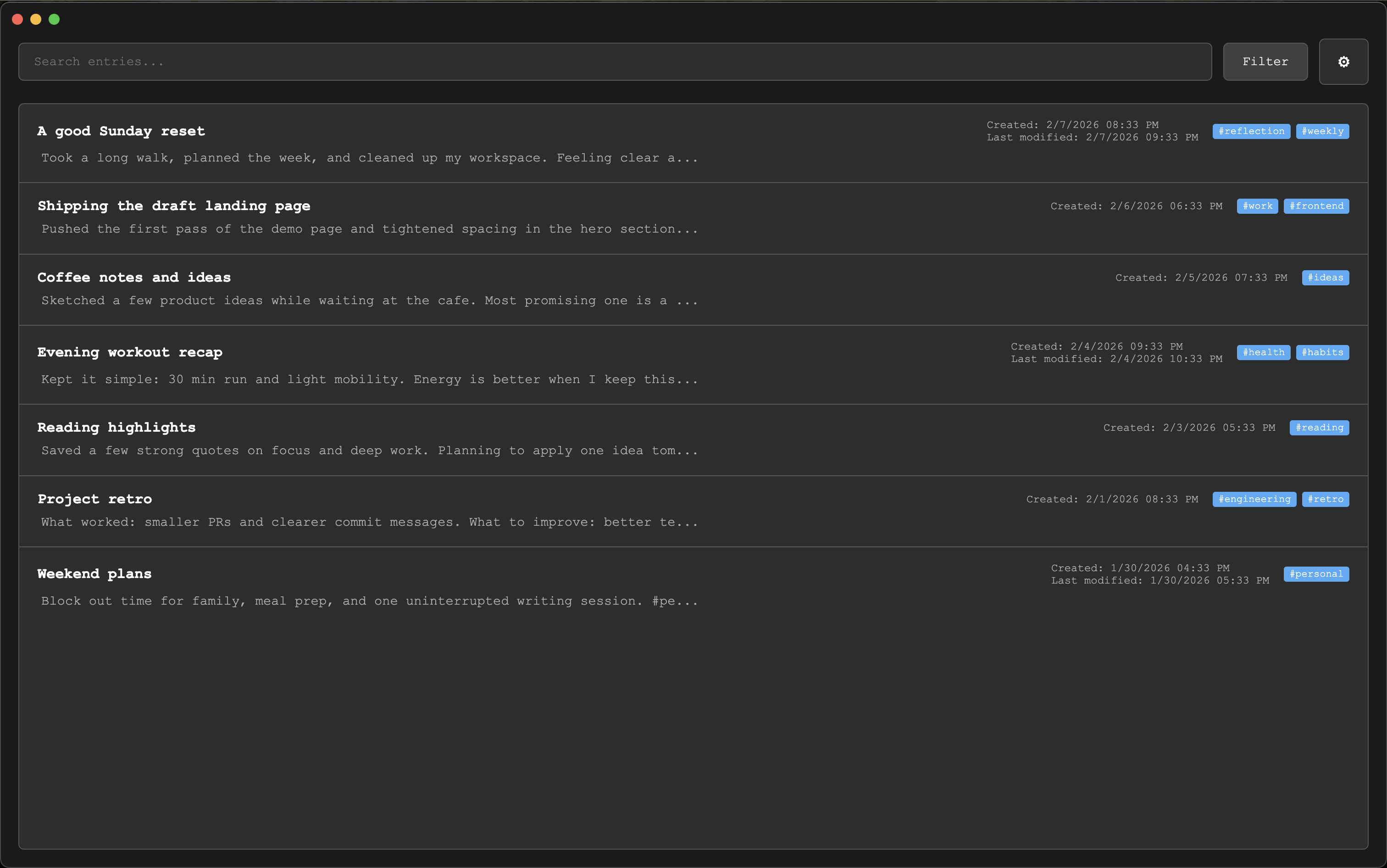 UI screenshot of minimal-journal app
